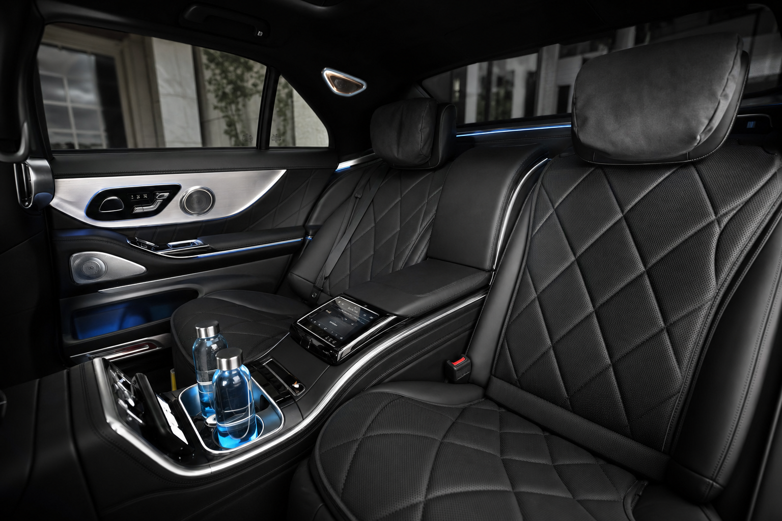 Quilted black leather executive sedan rear cabin
